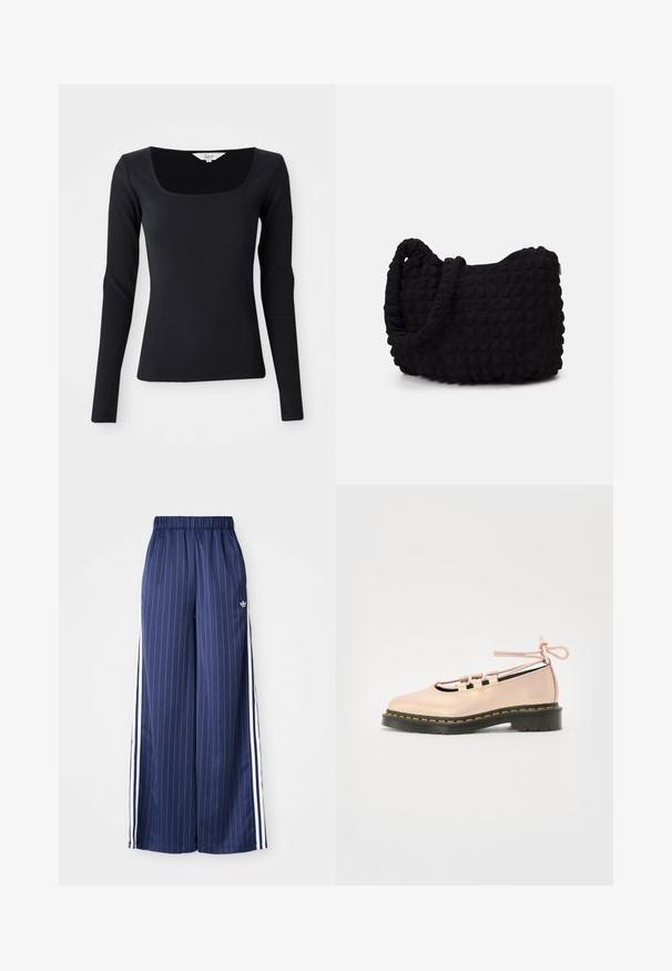 Juoda ilga rankovė, su ribota medžiaga, kvadratiniais iškirpimais, pagaminta iš tamprios medžiagos, prilipusi forma, vientisa spalva be raštų ar puošmenų.; Tamsiai mėlynos plačios kojos kelnės su vertikaliomis baltomis juostelėmis, elastinga juosmens juosta ir trimis baltomis juostelėmis kiekvienoje pusėje, pagamintos iš lengvos medžiagos.; Šviesiai rožiniai odiniai bateliai su apvaliu priekiu, raištelių detalėmis ir juodu platforminiu padu, akcentuotu geltona siūle.; Juodas audinio maišelis su tekstūruota, siuvinėta raštu. Apvalios formos, trumpi, stori rankenėlės ir minkšta, lanksti struktūra.