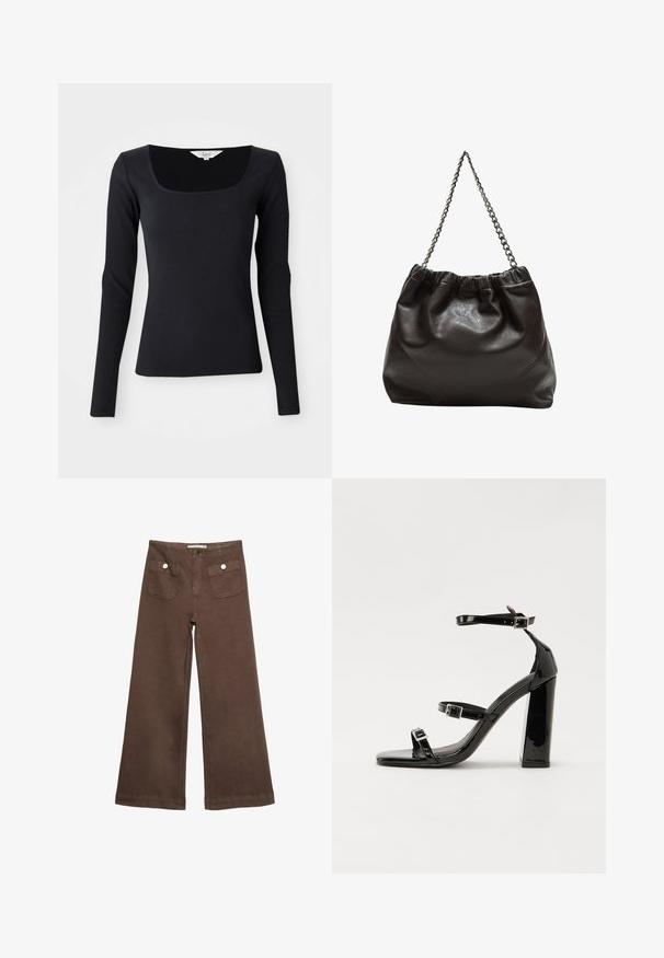 Svart långärmad ribbad topp med fyrkantig halsringning, tillverkad av stretchigt material, figurnära design och enhetlig färg utan mönster eller utsmyckningar.; Bruna vida byxor i bomull med två framfickor med silverknappar och en slät yta.; Svarta lackerade högklackade sandaler med två spännband, fyrkantig tå och en tjock klack, med en slät och glansig yta.; Brun läderväska med rynkad topp och kedjesnodd. Slät textur med en blankslipad yta och subtila sömdetaljer på sidorna.