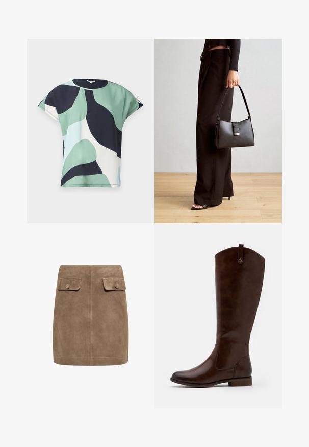 Kortærmet top i grøn, marineblå og hvidt abstrakt mønster. Blødt stof med en afslappet pasform og rund halsudskæring, med en ren finish.; Brun ruskind mini nederdel med en glat tekstur, der har to frontlommer med flap og knaplukninger på hver side. Enkel, lige design.; Brune knæhøje støvler lavet af glat læder, med rund tå, lav stablet hæl og et subtilt sømme mønster langs siderne.; Sort håndtaske med struktureret form, glat overflade og metalspænde. Sammen med brede sorte bukser og sandaler med åben tå på trægulv.