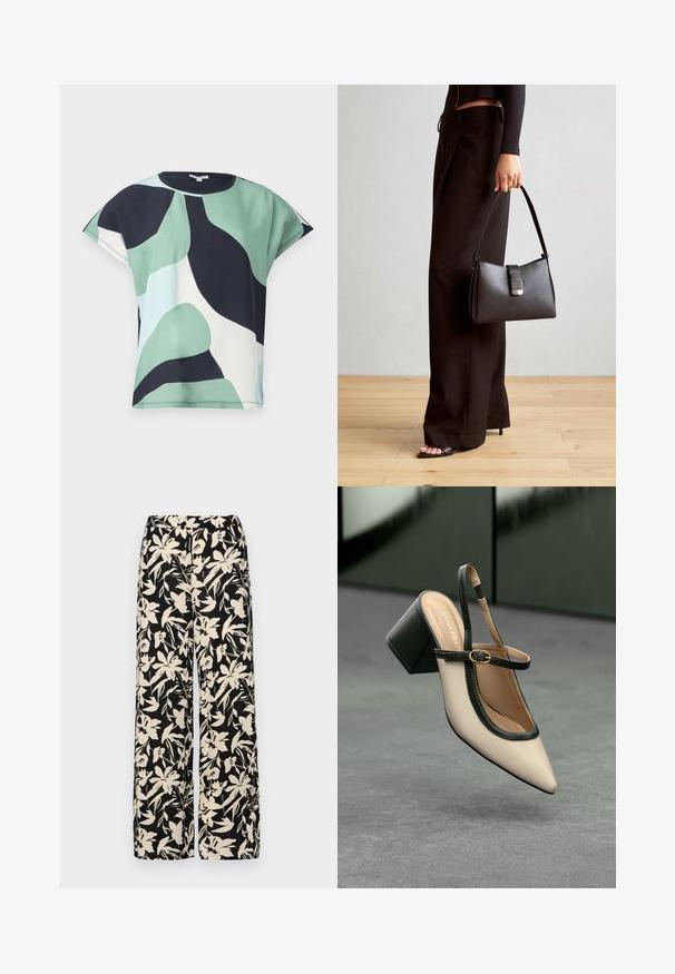 Majica kratkih rukava u zelenoj, mornarskoj i bijeloj apstraktnoj uzorku. Mekani materijal s opuštenim krojem i zaobljenim izrezom, s čistim završetkom.; Crne široke hlače s kremastim cvjetnim uzorkom. Izrađene od lagane tkanine, sa glatkom teksturom i visokim pojasom.; Bež cipele s otvorenom petom i šiljastim vrhom, crnim obrubom, zlatnom kopčom i debelim blok-petom na sivom podu s tamnozelenom pozadinom.; Crna torba s oblikom koji sadrži strukturu, glađu teksturu i metalnu kopču. Uparena s širokim crnim hlačama i sandalama na otvorenom s drvenog poda.