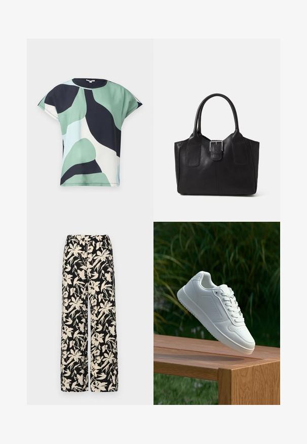 Kratka majica s kratkimi rokavi v zelenem, mornarsko modrem in belem abstraktnem vzorcu. Mehek material z udobnim krojem in zaobljenim izrezom, ki ima čist rob.; Črne široke hlače z kremnim cvetličnim vzorcem. Narejene so iz lahkega blaga, ki ima gladko teksturo in visok pas.; Bela teniska s gladkim sintetičnim zgornjim delom, perforiranim prednjim delom, ravnimi vezalkami in teksturiranim podplatom, prikazana na leseni površini.; Črna usnjena torba s gladko teksturo, strukturirano obliko, dvema ročkama in izrazitim srebrnim sponko na sprednji strani.