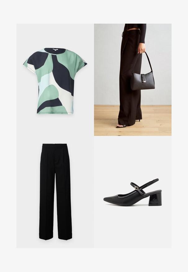 Krátky rukáv top v zelenom, námořnickom a bielom abstraktnom vzore. Mäkká tkanina s voľným strihom a okrúhlym výstrihom, s čistým zakončením.; Čierne široké nohavice s hladkou textúrou, so zvýrazneným predným dielom, skladmi a prispôsobeným pásom. Bez viditeľných kovových častí alebo vzorov.; Čierne lakované kožené lodičky so slingback dizajnom, špicatou špičkou, zaobleným výrezom a blokovým podpätkom. Obsahuje akcent zlatého tónu s prackou.; Čierna kabelka so štruktúrovaným tvarom, hladkou textúrou a kovovou sponou. V kombinácii so širokými čiernymi nohavicami a sandálmi s otvorenou špičkou na drevenej podlahe.