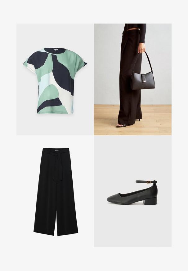 Kortermet topp i grønn, marineblå og hvit abstrakt mønster. Mykt stoff med avslappet passform og rund halslinning, med en ren finish.; Svart vide bukser med teksturert stoff, elastisk midje og avtagbart belte som gir justerbar passform.; Sorte skinnpumper med spiss tå og lav blokkhelt. Har ankelrem med gullfarget spenne. Glatt tekstur.; Svart håndveske med strukturert form, jevn tekstur og metallisk lås. Kombinert med brede svarte bukser og sandaler med åpen tå på tregulv.