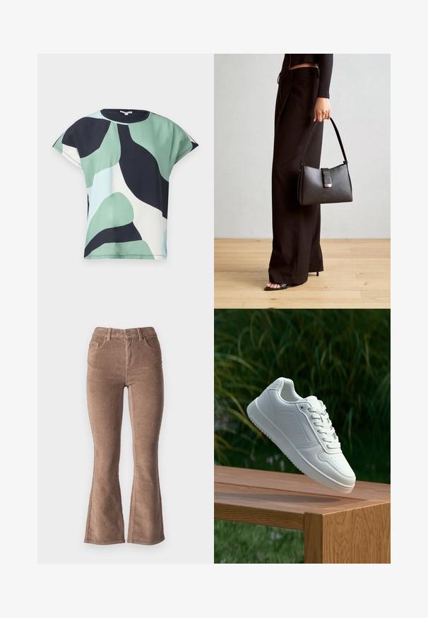 Kratka majica s kratkimi rokavi v zelenem, mornarsko modrem in belem abstraktnem vzorcu. Mehek material z udobnim krojem in zaobljenim izrezom, ki ima čist rob.; Rjave kordurojske široke hlače z ribasto teksturo, ki imajo visok pas, pet žepov in sprednje gumbno zapiranje.; Bela teniska s gladkim sintetičnim zgornjim delom, perforiranim prednjim delom, ravnimi vezalkami in teksturiranim podplatom, prikazana na leseni površini.; Črna torbica z strukturirano obliko, gladko teksturo in kovinskim zaponko. Ujemajo se z širokimi črnimi hlačami in odprtimi sandali na lesenem tleh.