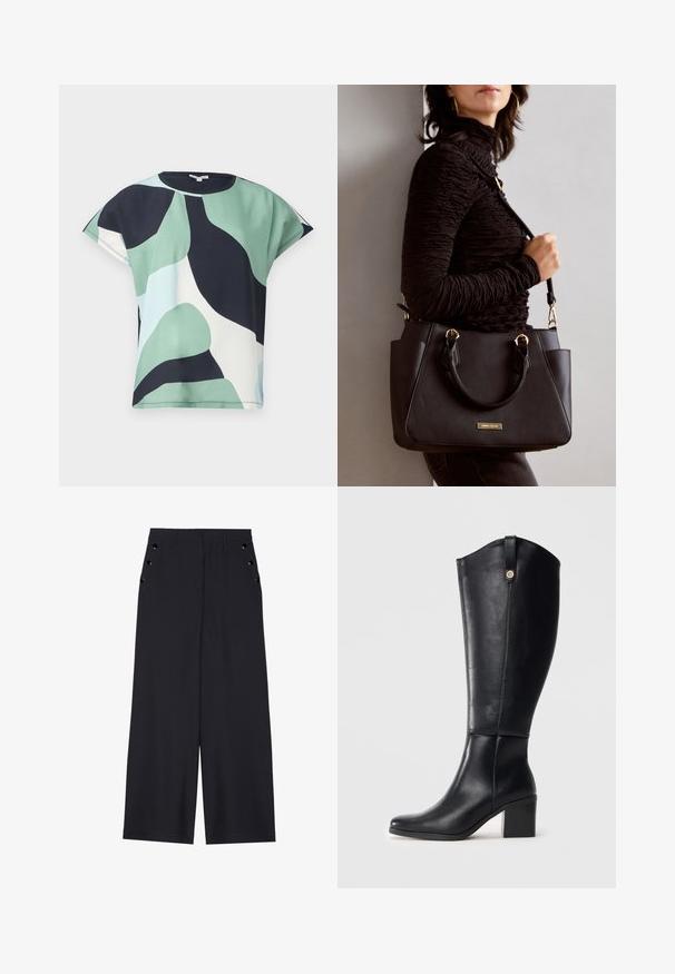 Top cu mânecă scurtă, în nuanțe de verde, bleumarin și un model abstract alb. Material moale, cu o croială lejeră și decolteu rotund, având o finisare curată.; Pantaloni evazați din material bleumarin închis, cu o textură netedă, pliseuri frontale și ochiuri decorative aurii pe buzunarele laterale.; Botine negre din piele, până la genunchi, cu vârf pătrat și toc bloc. Au o cusătură laterală și un accent metalic decorativ în partea de sus.; Geantă de umăr neagră cu suprafață texturată, cu două mânere superioare și curea de umăr ajustabilă. Dispune de accesorii metalice de culoare aurie și buzunare laterale.