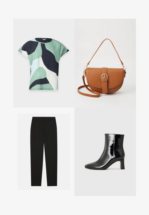 Kortärmad topp i grönt, marinblått och vitt abstrakt mönster. Mjuk tyg med avslappnad passform och rundad halslinje, med en ren finish.; Svarta byxor med skräddarsydd design, med sidofickor och raka ben. Tillverkade av ett mjukt, lätt tyg med en stilren finish.; Svart lackläder ankelboot med spetsig tå och en medelhög klack. Slät textur och minimalistisk design.; Brun läder crossbody-väska med en böjd form, gyllene detaljer och en spänneaccent. Har en avtagbar axelrem.