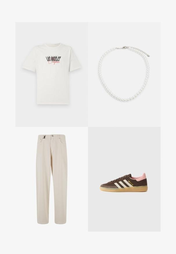 Bela bombažna majica s kratkimi rokavi in krožnim izrezom. Ima grafiko "Los Angeles California" v črni in rdeči barvi. Preprost, sproščen kroj.; Bež bombažne hlače s ravnim krojem, ki imajo sprednje žepe in gumbasto zapiranje. Gladka tekstura z minimalnimi detajli.; adidas Originals HANDBALL SPEZIAL UNISEX - Športni copati - dark brown/alumina/wonder mauve; Bela biserna ogrlica z enakomerno okroglo obliko, gladko površino in kovinsko zaponko z raztegnjeno verigo za prilagodljivo dolžino.