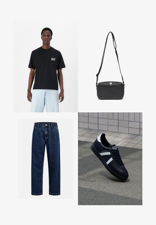 Melnas kokvilnas T-krekls ar īsām piedurknēm un apaļu kakla izgriezumu. Uz krūtīm atrodas neliels balts "ARTICLE" logotips. Valkāts ar gaiši ziliem džinsiem.; Tumši zilie džinsu bikses ar taisna kāju dizainu. Iezīmējas redzamas šuves, pogu aizdare un priekšējie gurni papildu detaļām.; Melnā ādas sporta apavi ar baltām svītrām, teksturēta gumijas zole un auklu aizdare. Iekļauj zīmola etiķeti uz mēles.; Melna ādas soma uz pleca ar zīmolu, slēdzamu rāvējslēdzēju un regulējamu siksnu. Gluda tekstūra un taisnstūru forma.