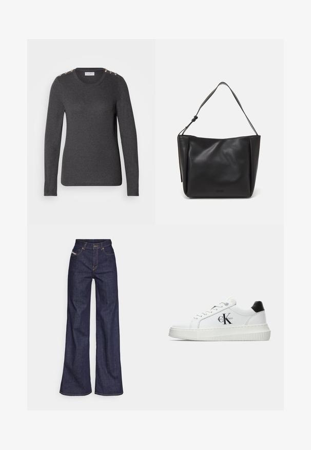 Dugih rukava tamnosivi pulover od mekanog materijala, s okruglim izrezom i dekorativnim dugmadi na ramenima za dodatne detalje.; Tamno plave široke traperice s visokim strukom, izrađene od denim tkanine, s narančastim šavovima, pet džepovima i kopčanjem na dugme.; Bijeli niskotoperani tenisice s crnom petom, platformom, vezicama i "CK" logotipom Calvin Kleina sa strane.; Calvin Klein GRACIE MEDIUM - Ručna torba - black; Srebro naušnice u obliku prstena s glatkom, sjajnom završnom obradom. Zaobljenog oblika, laganog dizajna, s kopčom na poleđini.