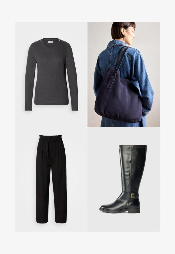 Tumši pelēks džemperis ar garām piedurknēm, izgatavots no mīksta auduma, ar apaļu kakla izgriezumu un dekoratīvām plecu pogām, lai piešķirtu papildu akcentu.; Melni augstie bikses ar platu kāju, nodrošināti ar priekšējiem krokām un auduma jostu ar apļu sprādzi. Gluda tekstūra un pielāgota piegrieztne.; Melnas ādas ceļgala augstuma zābaki ar gludu apdari, apaļu purngali, un sānu sprādzi; smalkas šuves gar šuvēm.; Jūras spēku kanvas plecu soma ar mīkstu, strukturēta formu, kas piedāvā melnu siksnu, izšūtu detaļu un nelielu zīmola birku.