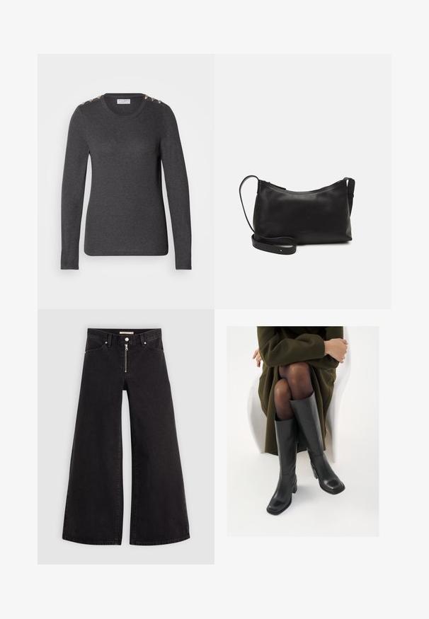 Pulover z dolgimi rokavi v temno sivi barvi iz mehkega materiala, z okroglo izreza in okrasnimi gumbki na ramenskih delih za dodaten poudarek.; Široke traperice iz črnega denima z zadrgo spredaj, petimi žepi in diskretnimi šivi. Gladka tekstura in ležeren slog.; Črne usnjene čevlje do kolen s kvadratnim prstom in blok peto, prikazani na modelu, ki sedi v olivno zeleni plašču. Gladka tekstura, minimalne podrobnosti.; Črna usnjena torba čez ramo z gladko teksturo, ukrivljeno obliko, nastavljivim trakom in zadrgo. Minimalističen dizajn brez okrasnih detajlov.; Srebrn dvojni prstan z gladko, polirano površino. Ima tekoč, ukrivljen dizajn z prekrivajočimi se sekcijami za sodoben videz.