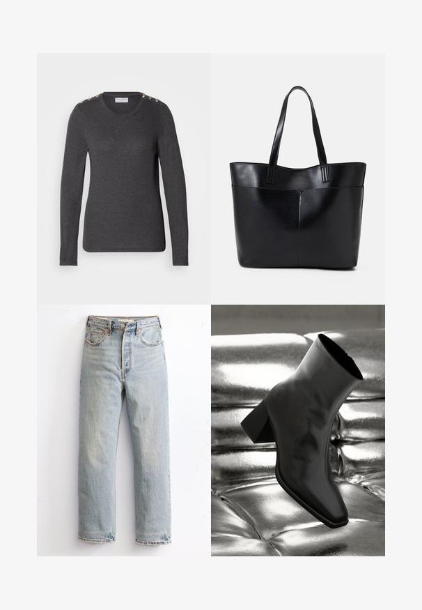 Pulover din material moale, cu manșon lung, de culoare gri închis, având un guler rotund și butoane decorative pe umeri pentru un plus de detaliu.; Jeans din denim de un albastru deschis, cu un design cu picior drept, având tivul uzat, cu cuie de cupru și un stil clasic cu cinci buzunare.; Cizme negre până la gleznă, realizate dintr-un material lucios, cu vârf pătrat și toc conic, plasate pe un fundal strălucitor de argint, cu un model tuftat.; Geantă oversized din piele neagră, cu două mânere lungi, de textură netedă și formă structurată. Are un buzunar frontal pentru stocare suplimentară.; Cercei rotunzi din argint cu un finisaj neted și strălucitor. Design ușor, având o formă rotundă și închidere cu tijă.
