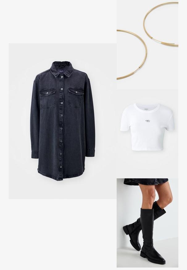 Witte cropped top met korte mouwen van ribstof. Voorzien van een subtiele zwarte logo in het midden van de borst, ronde halslijn en een aansluitend ontwerp.; Donker spijkerhemd met een kraag, lange mouwen, knopen aan de voorkant en twee borstzakken. Heeft een licht losvallende pasvorm en een gebogen zoom.; Zwarte leren kniehoge laarzen met een spitse neus, platte zool en minimale stiksels. Glad oppervlak en eenvoudig ontwerp zonder versieringen.; Gouden oorringen, dun en rond van vorm, met een gladde metallic afwerking en zonder versieringen of patronen.