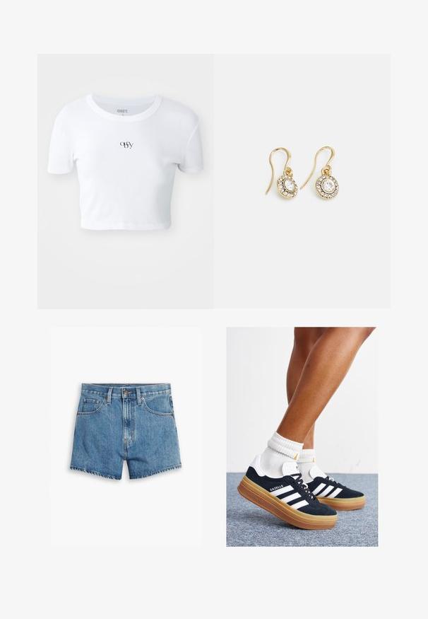 Valkoinen lyhytnähtävä crop-top, joka on valmistettu ribbitetusta materiaalista. Siinä on hienovarainen musta logo rinnan keskellä, pyöreä kaula-aukko ja vartalonmyötäinen muotoilu.; Vaaleansiniset farkkushortsit, joissa on viisi taskua, vetoketjukiinnitys ja nappisulku. Helmassa on revitty viimeistely ja rento istuvuus.; Musta mokkanahkainen tennari, jossa valkoiset raidat ja yksityiskohdat, pyöreä kärki, purukumipohja, yhdistetty valkoisiin ribbineuleisiin nilkkasukkiin.; Kultaiset korvakorut, joissa on soikeat, läpinäkyvät kivet, joita ympäröivät pienemmät läpinäkyvät kivet. Korvakoruissa on koukkuminen, joka takaa turvallisen käytön.