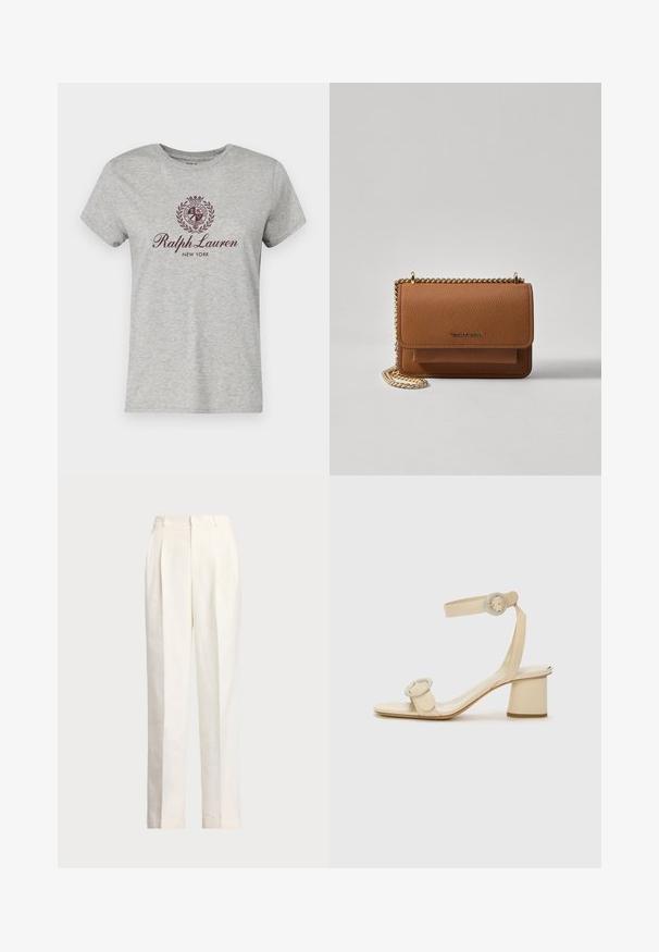 Polo Ralph Lauren HOTEL SHORT SLEEVE - Apdrukāts T-krekls - andover heather/wine; Polo Ralph Lauren HEMP WIDE LEG PANT - Auduma bikses - nevis; Bežīgi augstpapēžu sandales ar minimālistisku dizainu, kas izceļas ar divām apļu akcentiem un masīlu papēdi. Izgatavotas no gludas ādas.; Brūna teksturēta ādas plecu soma ar zelta ķēdes siksnu un atloka aizdari. Priekšpusē ir logotipa detaļa un kabata zem atloka.