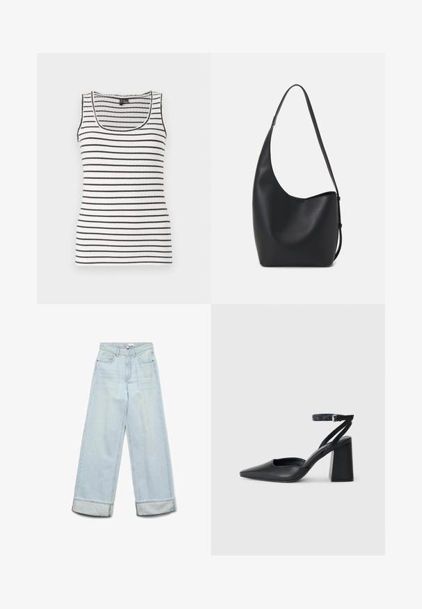 Ribbed tank top dengan garis horizontal hitam dan putih. Memiliki leher scoop dan tali tipis. Terbuat dari kain yang lembut dan elastis.; Vaaleansinisiä farkkupaloja, joissa on leveät lahkeet, korkea vyötärö, käännetyt lahkeet ja standardi viisi-taskumalli, jossa on hieno haalistuminen.; Mustat nahkakengät, joissa on kapea kärki, nilkkaremmi ja paksu korko. Tasainen pinta, tyylikäs muotoilu ja minimalistinen estetiikka.; Musta nahkainen hobo-laukku, jossa on sileä pinta, kaareva muoto ja yksi säädettävä olkahihna; sisäänkäynti on leveä ylhäältä.
