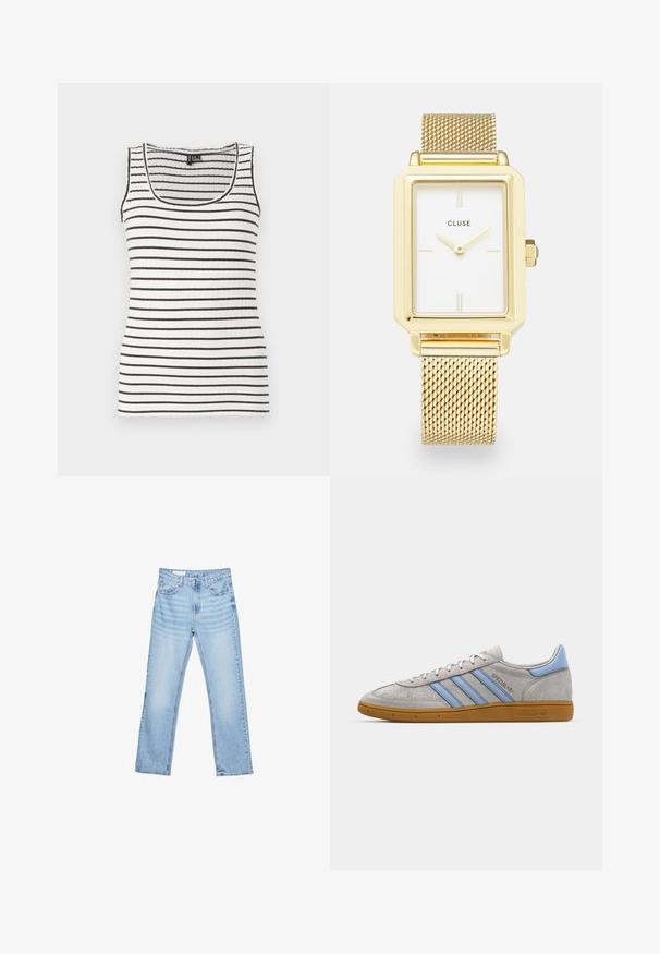 Rebrasti top s črnimi in belimi vodoravnimi črtami. Ima krožno izrezan vrat in tanke naramnice. Mehka, raztegljiva tkanina.; Svetlo modri kavbojki s ravnim krojem, petimi žepi in vidnimi šivi. Srednje visok pas z klasik gumbom in zadrgo.; Sive usnjene superge z svetlomodrimi črtami, gumijastim podplatom in logo akcenti. Nizka zasnova z okroglo konico in vezalkami.; Zlata pravokotna ura z belo številčnico, minimalističnimi indekski za ure in mrežno kovinsko zapestnico. Ima stransko krono za nastavitev časa.