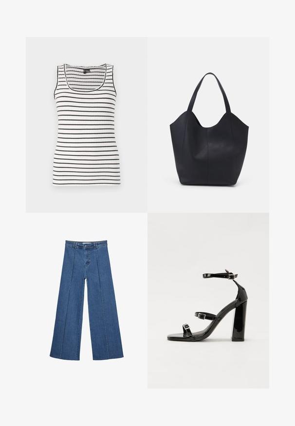 Rebrasti top s črnimi in belimi vodoravnimi črtami. Ima krožno izrezan vrat in tanke naramnice. Mehka, raztegljiva tkanina.; Jeans širokih nogavic v srednji modri barvi, z visokim pasom, gumbom in kontrastnimi navpičnimi šivi spredaj.; Črne lakirane sandale s peto, kvadratnim prstom, trakovi okrog gležnja in srebrnimi zaponkami. Opremljene so s stabilno Debelo peto.; Črna torba v obliki tote iz gladke usnjene površine, ki ima ukrivljen odprt vrh z dvema naramnicama in minimalističnim dizajnom.