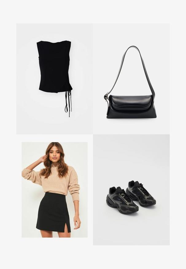 Schwarzes ärmelloses Top mit Wickeldesign, seitlichen Bindebändern und glatter Textur. Gerader Saum mit einer modernen, minimalistischen Ästhetik.; Beige gestrickter Pullover mit gerippten Bündchen, kombiniert mit einem schwarzen Minirock mit seitlichem Schlitz. Das Outfit hat eine lässige, jedoch figurbetonte Silhouette.; Schwarze Sportschuhe aus synthetischem Material mit Mesh-Akzenten und abgerundeten Sohlen. Verfügt über ein Schnürsystem und ein prominentes Nike-Logo auf der Zunge.; Schwarze Lederhandtasche mit strukturiertem Design, glatter Textur und einem einzelnen Schulterriemen. Verfügt über ein dezentes, abgerundetes Klappendesign.; Silberne Casio Quarzuhr mit rechteckigem Ziffernblatt, analogem und digitalem Display, Edelstahlarmband und wasserdichten Eigenschaften.