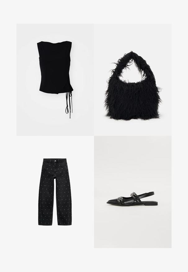 Zwarte mouwloze top met een wikkelontwerp, zijsstrikjes en een gladde textuur. Rechte onderkant met een moderne, minimalistische esthetiek.; Zwarte denim wide-leg jeans met een patroon van kleine zilveren oogjes, met een klassieke vijf-pocket design en een knoopsluiting aan de voorkant.; Even&Odd Slingback ballerina´s - black; Even&Odd Shopper - black