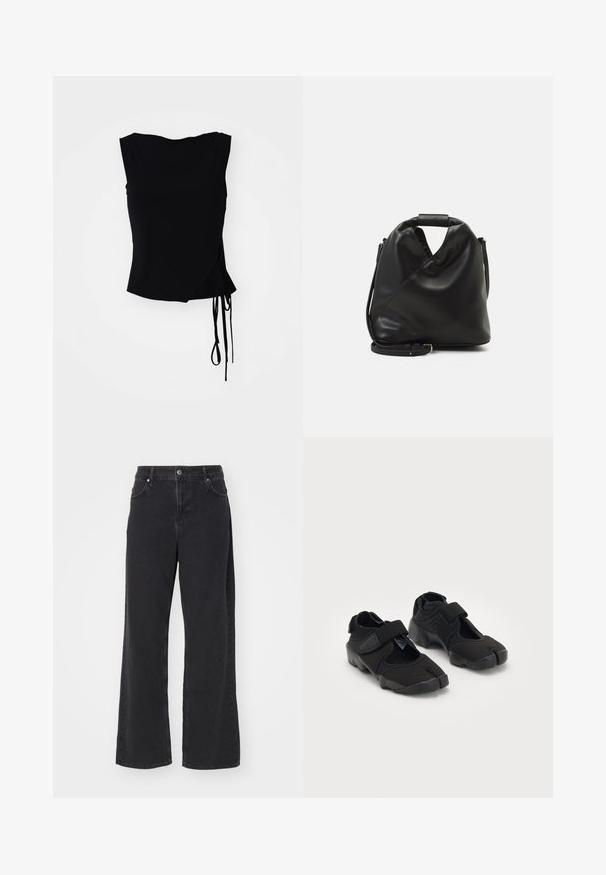 Sort ærmeløs top med omslag design, sidebånd og glat struktur. Lige skåret kant med en moderne, minimalistisk æstetik.; Sorte højtaljede lige jeans med frontknap, bælteløkker og lommer, præsenteret mod en hvid baggrund.; Sorte vandsko lavet af fleksibelt stof med en velcrorem, der har et unikt split-tå design og en tekstureret gummisål for bedre greb.; Sort, blødt lædertaske med et unikt snoet design. Har et kort håndtag og en aftagelig skulderrem. Minimalistisk stil.; Sølv Casio quartz ur med rektangulært ur, analog og digital visning, rustfrit stålarmbånd og vandafvisende egenskaber.