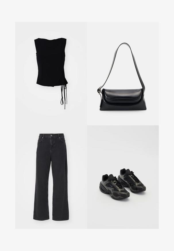 Schwarzes ärmelloses Top mit Wickeldesign, seitlichen Bindebändern und glatter Textur. Gerader Saum mit einer modernen, minimalistischen Ästhetik.; Schwarze High-Waist Straight-Leg-Jeans mit vorderem Knopf, Gürtelschlaufen und Taschen, vor einem weißen Hintergrund präsentiert.; Schwarze Sportschuhe aus synthetischem Material mit Mesh-Akzenten und abgerundeten Sohlen. Verfügt über ein Schnürsystem und ein prominentes Nike-Logo auf der Zunge.; Schwarze Lederhandtasche mit strukturiertem Design, glatter Textur und einem einzelnen Schulterriemen. Verfügt über ein dezentes, abgerundetes Klappendesign.; Silberne Casio Quarzuhr mit rechteckigem Ziffernblatt, analogem und digitalem Display, Edelstahlarmband und wasserdichten Eigenschaften.
