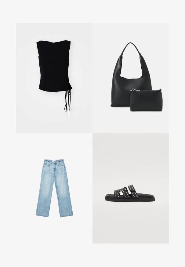 Sort ærmeløs top med omslag design, sidebånd og glat struktur. Lige skåret kant med en moderne, minimalistisk æstetik.; Lyseblå denim bukser med bred benvidde og høj talje, præget af en falmet vask og små, spredte slidte detaljer overalt.; Sorte slide-sandaler med to brede stropper, prydet med sølvnitter. Tekstureret sål med let riffel for greb. Minimalistisk design.; Even&Odd Håndtasker - black