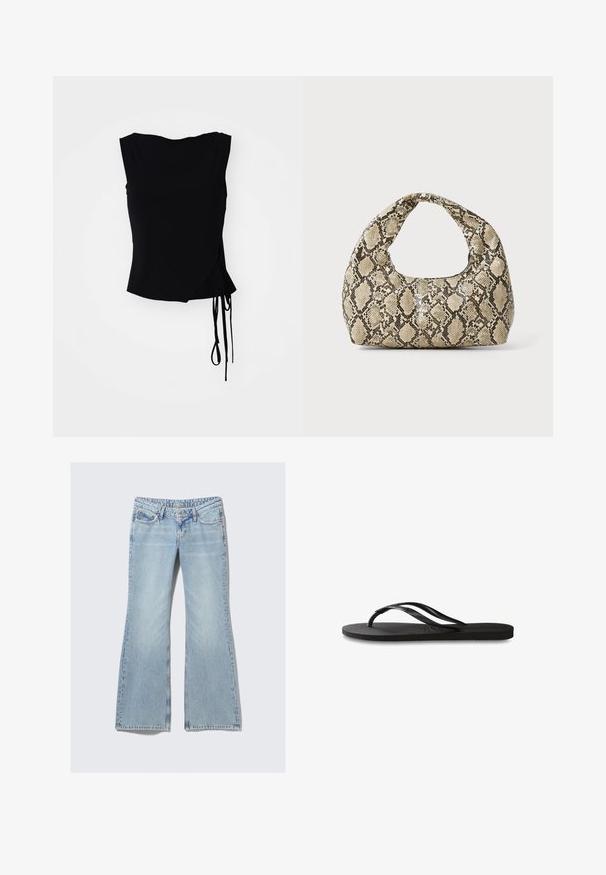 Crni bezrukavni top s omotačem, bočnim vezicama i glatkom teksturom. Ravni rub s modernim, minimalističkim estetikom.; Weekday NOVA - Traperice uskog kroja - lip blue; Crne japanke s teksturiranom gumenenom potplatom, dva uska remena i suptilnim, urezanim logom na remenu.; Torba s uzorkom zmije s zakrivljenom drškom. Izrađena od teksturiranih materijala u bež i smešnim tonovima, sa karakterističnim dijamantnim uzorkom.
