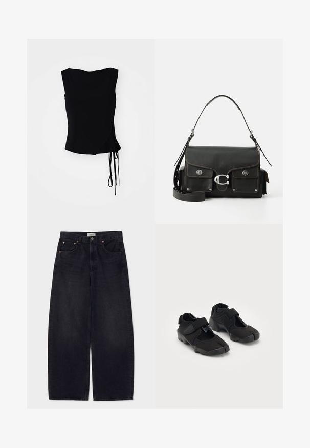 Črni brezrokavnik s prelivnim dizajnom, stranskimi vezavami in gladko teksturo. Ravan rob s sodobno, minimalistično estetiko.; Široke črne jeans hlače iz denima s bakrenimi gumbi, dvema sprednjima žepoma in gladko teksturo. Čist dizajn s ravnim krojem.; Črne vodne čeveljce, izdelane iz fleksibilnega blaga, z Velcro trakom, ki se ponašajo z edinstvenim dizajnom razdeljenega prsta in teksturirano gumo podplata za boljši oprijem.; Črna usnjena torbica z zapiranjem na pokrov, srebrno strojno opremo, dvema sprednjima žepoma, kontrastnim šivom in snemnim naramnim trakom.; Srebrna Casio quartz ura s pravokotno/png-iskonsko obliko, analogno in digitalno prikazovanje, jekleni pas in vodoodporne funkcije.