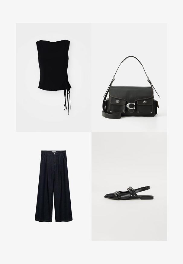 Svart ärmlös topp med ett snörningsdesign, sidofästen och slät textur. Rak slutning med en modern, minimalistisk estetik.; Mörk denim vid-byxa med hög midja, featuring en frontknäppning, två sidofickor och stickningsdetaljer.; Even&Odd Ballerinaskor - black; Svart läderhandväska med klaffstängning, silvriga detaljer, två framfickor, kontrasterande sömmar och en avtagbar axelrem.; Silver Casio kvartsur med rektangulärt urtavla, analog och digital visning, armband i rostfritt stål och vattentåliga egenskaper.