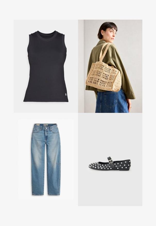 Top preto sem mangas feito de tecido canelado; possui um decote redondo e um pequeno logo na bainha inferior.; Jeans de cintura alta em azul claro, com um design de perna reta, estilo clássico de cinco bolsos e um desbotamento sutil nos painéis frontais.; Sapatilha plana de couro preto com bico redondo, apresentando tachas prateadas em padrão de bolinhas e uma tira com fivela sobre o peito do pé.; Saco de crochê tecido em tom de bege, com forma retangular, duas alças largas e um padrão de rede aberto. O design apresenta tecido texturizado e um interior espaçoso.