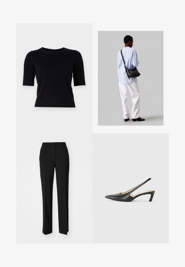 Must have mustat lühikesed varrukad särk, mis on valmistatud pehmest kangast, ümmarguse kaeluse ja ribakujundustega varrukate äärtes ja allääres. Esiküljel diskreetne logo.; Mustad ja sirged püksid, millel on sile tekstuur ja teravad voldid esiosas. Ilma nähtavate detailideta.; Must mustaga, terav varvas, madala kontsaga sildiga king, mis on valmistatud siledast nahast ja mille küljel on lõike disain hingavuse tagamiseks.; Must have mustras alasi nahkpatsi, pehme tekstuuriga, kolmnurkse kujuga ja reguleeritava rihmaga, koos helesinise triibulise särgi ja valgete pükstega.