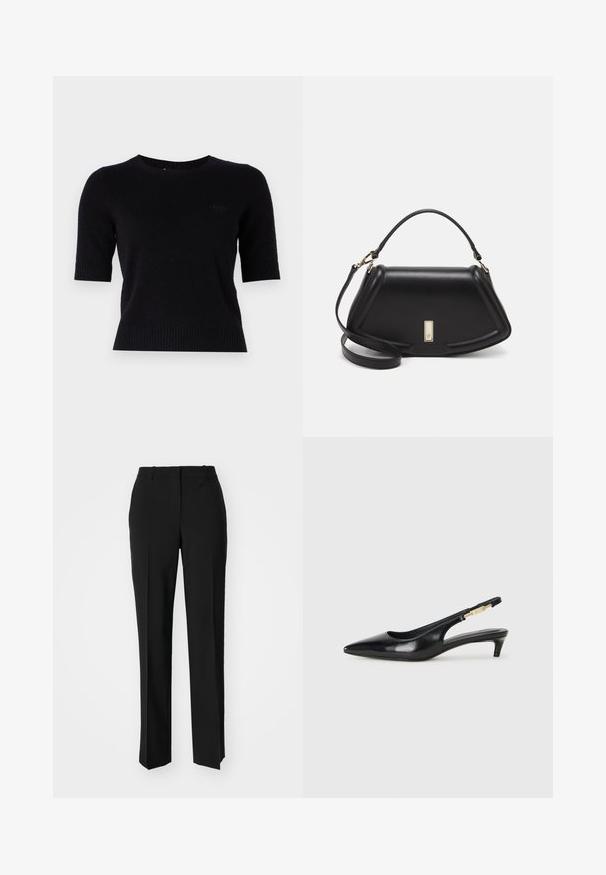 Pulover scurt negru cu mânecă scurtă, confecționat dintr-un material moale, având un gât rotund și detalii ribbate la manșete și la tiv. Logo subtil pe față.; Pantaloni negri tailor-ed cu un design drept, având o textură fină și cute clare pe față. Fără elemente de prindere vizibile.; Sandale slingback din piele neagră cu vârf ascuțit, având un toc subțire și un accent de culoare aurie pe curea ajustabilă. Textură netedă.; Geantă de umăr din piele neagră, cu un design structurat, având o formă tăiată, mânere superioare și accente din aur. Include o curea de umăr ajustabilă.