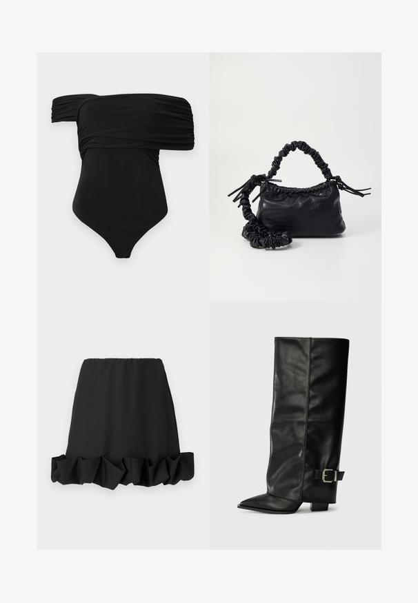 Maillot de bain une pièce noir avec un design sans bretelles, présentant un tissu froncé et une texture lisse, conçu pour une silhouette ajustée.; Jupe noire avec un ourlet froncé, en tissu léger. Équipée d'une taille élastique pour un ajustement confortable. Design simple et polyvalent.; Bottes noires en cuir longueur cheville avec un bout pointu, texture lisse et une accent en boucle argentée sur le côté. Talon carré épais.; Sac à main en simili cuir noir avec une texture crocodile, un dessus resserré et une sangle froncée. A l'apparence douce et compacte.