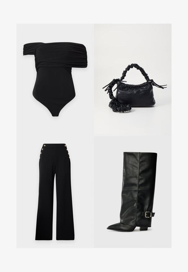 Svart énstykke badedrakt med avtagbare skuldre, med rynket stoff og en glatt tekstur, designet for en tettsittende silhuett.; Sorte høye vid bukser med gullknapper foran og lommer på begge hofter på en hvit bakgrunn.; Svarte lær ankelstøvler med spiss tå, glatt tekstur og en sølvspenne aksent på siden. Kraftig firkantet hæl.; Svart faux skinn-håndveske med krokodilletekstur, strammet topp og en rynket stropp. Ser myk og kompakt ut i designen.