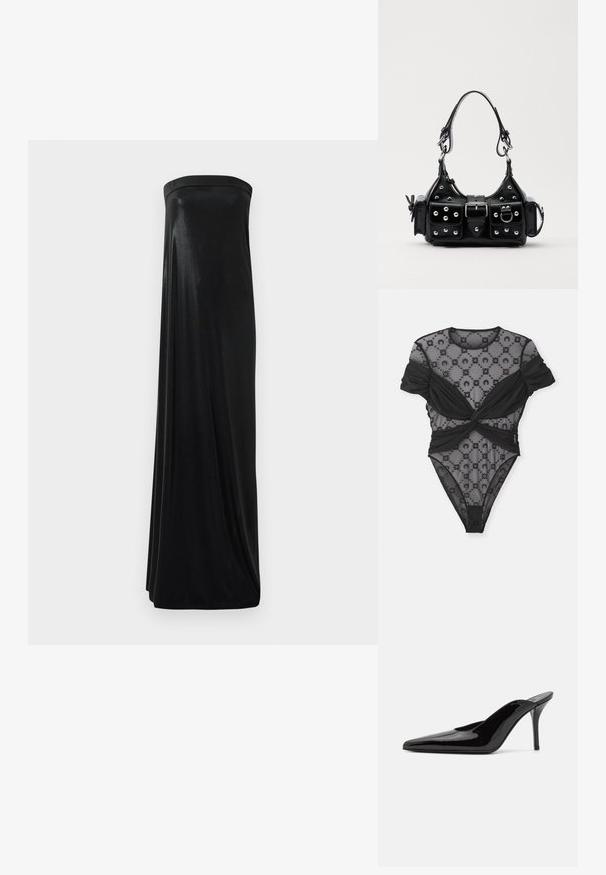 Crni bodi s prozirnom mrežicom s cvjetnim uzorcima, uvijenim dizajnom oko struka i kratkim, napuhanim rukavima. Cjelokupna završna obrada je glatka.; Crna maksi haljina bez naramenica izrađena od glatkog, sjajnog materijala. Ima uski korzet i lepršavi siluetu, doseže do poda bez ukrasa.; Crne lakirane kožne visoke potpetice mule s šiljastim prstom i elegantnom siluetom, s otvorenom poleđinom i vitkom stiletto potpeticom.; Crna kožna torba s zakrivljenim dizajnom, koja sadrži srebrne zakovice, kopču i dva bočna džepa. Podesiva traka za različite opcije nošenja.