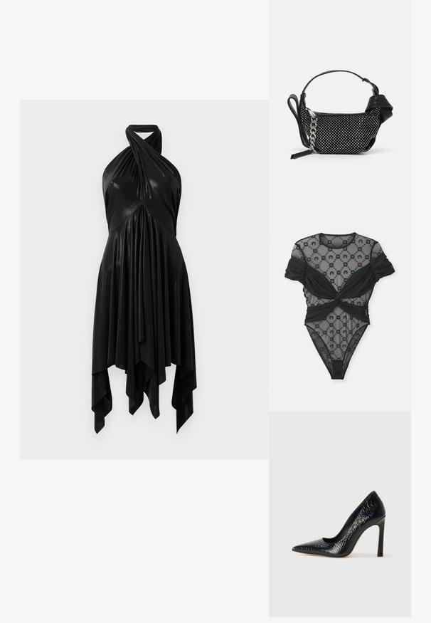 Černý body s průhledným síťovým materiálem a květinovými vzory, zkrouceným designem v pase a krátkými, nabíranými rukávy. Hladký celkový povrch.; Černé halter šaty s draped designem. Vyrobené z lesklého materiálu, s propleteným výstřihem a asymetrickým lemem. Hladká textura.; Černý lodičkový bot s špičatou špičkou, pokrytý texturou krokodýlí kůže, s elegantním designem, vysokým stiletto podpatkem a hladkým černým interiérem.; Černá kabelka s cvočky, řetízkem a hladkým koženým držadlem, kulatého tvaru a se zipovou kapsou.