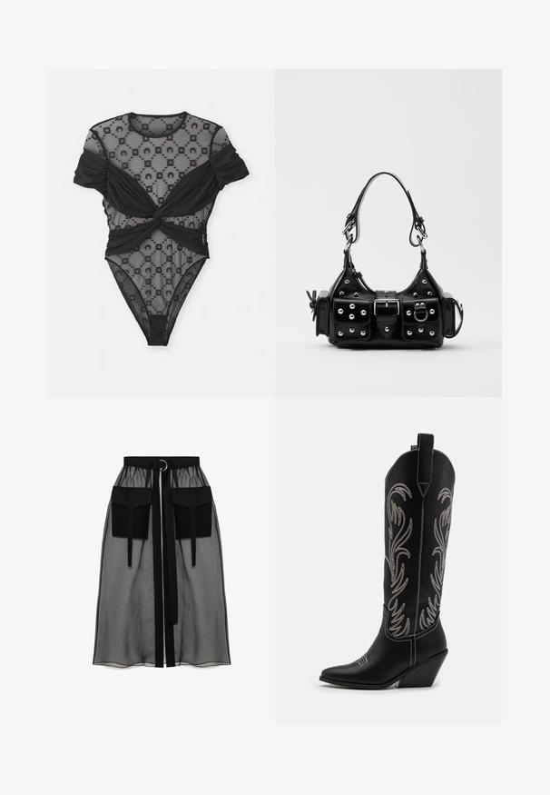 Černý body s průhledným síťovým materiálem a květinovými vzory, zkrouceným designem v pase a krátkými, nabíranými rukávy. Hladký celkový povrch.; Černá průhledná sukně s nařaseným pasem, která má dvě velké přední kapsy, páskový uzávěr a kulatý kovový akcent.; Černé kožené kovbojské boty s špičatými špičkami, podpatky ve tvaru klínu a stříbrně vyšívanými květinovými vzory po celé délce. Kontrastní prošívání po celém obvodu.; Černá kožená kabelka s křivkovým designem, zdobená stříbrnými hřebíky, s přezkou a dvěma bočními kapsami. Nastavitelný popruh pro různé možnosti nošení.
