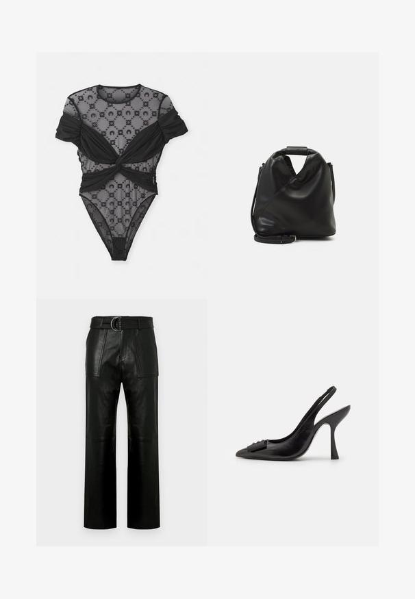 Melnas bodijs, kas satur caurspīdīgu acs audumu ar ziedu rakstiem, sagrozītu dizainu jostasvietā un īsām, puffēšanām piedurknēm. Visā apģērbā ir gluda apdare.; Augstās jostas melni ādas bikses ar plašām kājām, lielām priekšējām kabatām un atbilstošu jostu ar dubultā gredzena sprādzi.; Melnas ādas sārta kurpes ar smailu purngalu, šauru augstu papēdi un dekoratīvu loku akcentu. Gluda tekstūra un elegants dizains.; Melnas, mīkstas ādas soma ar unikālu savērptu dizainu. Iespējo īsu rokturi un noņemamu plecu siksnu. Minimalistisks stils.