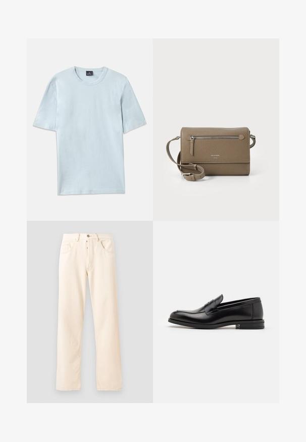 Light blue cotton t-shirt with a crew neckline and short sleeves. The fabric has a smooth texture and a relaxed fit design.; Light beige denim jeans with a straight-leg design, five pockets, and a front button closure. Stitching visible along seams.; Black leather loafers with a smooth texture, rounded toe, and a decorative strap across the vamp. Low stacked heel, minimalist design.; Taupe leather crossbody bag with a zippered front pocket, adjustable strap, pebble texture, and embossed logo on the front.