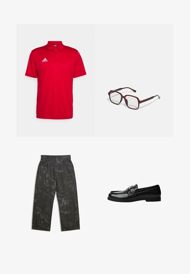 Tricou polo roșu, fabricat dintr-un material respirabil. Prezintă un guler, mâneci scurte și un logo Adidas alb pe partea stângă a pieptului.; Pantaloni din denim gri închis, cu o croială lejeră, având modele marmorate subtile și accente din metal. Design cu cinci buzunare.; Mocasini negri din piele cu finisaj neted, curele decorative cu ținte și talpă joasă din cauciuc. Design clasic cu un profil elegant.; Ochelari de vedere dreptunghiulari, maro, cu lentile transparente și nuanțe de violet. Cadru din plastic neted cu brațe drepte și accente subtile.