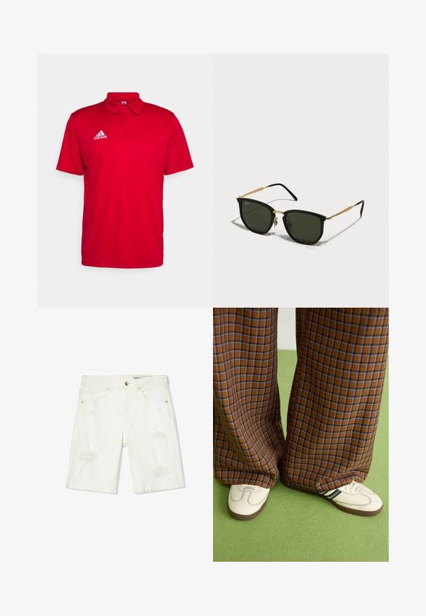 Rotes Polohemd aus atmungsaktivem Material. Mit Kragen, kurzen Ärmeln und einem weißen Adidas-Logo auf der linken Brust.; Weiße Denim-Shorts mit mittelhohem Bund, lässigen Details, fünf Taschen und kupferfarbenen Beschlägen. Glatte Textur mit einem lockeren Schnitt.; Braun und blaue Karohosen mit weitem Bein, kombiniert mit weißen Schuhen mit schwarzen Akzenten und strukturierten Sohlen, vor einem grünen Hintergrund.; Schwarze Cat-Eye-Sonnenbrille mit grünen Gläsern, goldenen Metallelementen und schlanken schwarzen Bügeln. Texturierter Rahmen mit einem auffälligen, geometrischen Design.