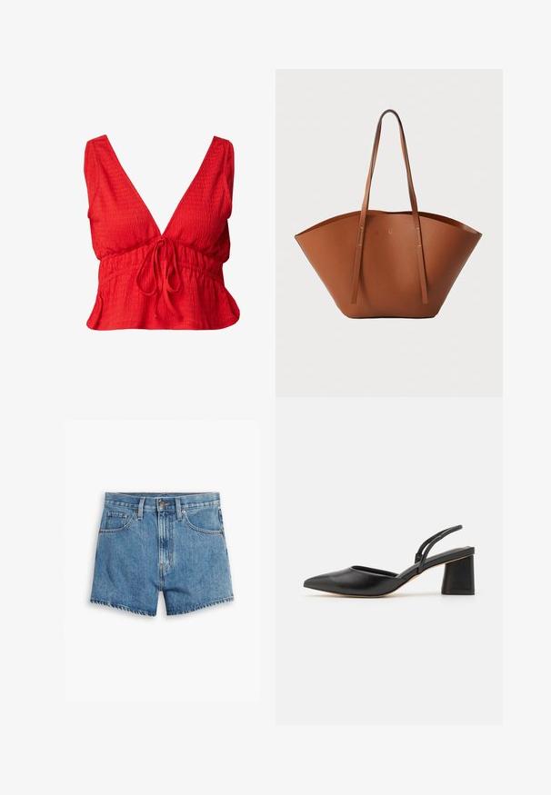 Rode cropped top van gestructureerde stof. Heeft een diepe V-hals, brede schouderbanden en een trekkoord in de taille met een peplumzoom.; Lichtblauwe denimshorts met vijf zakken, een ritssluiting en een knoopsluiting. De zoom is rafelig en heeft een ontspannen pasvorm.; Zwarte puntschoen met slingback, gemaakt van soepel leer, met een lage blokhak en dunne banden aan de achterkant voor een veilige pasvorm.; Bruine lederen totebag met een brede, gestructureerde vorm, dunne handvatten en een gestructureerde afwerking. Kenmerkt zich door een minimalistisch ontwerp zonder zichtbare hardware.