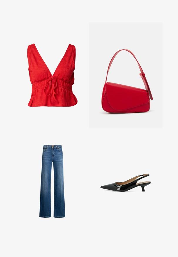 Rotes Cropped-Top aus texturiertem Stoff. Hat einen tiefen V-Ausschnitt, breite Träger und eine verstellbare Taillenpartie mit einem Peplum-Saum.; Weite Jeans aus indigo Denim mit hoher Taille, silbernen Details und klassischem Fünf-Taschen-Design. Glatte Textur mit subtiler Ausbleichung.; Schwarzer Lackleder Slingback-Pump mit spitzer Zehenpartie und niedrigem, quadratischem Absatz. Verfügt über eine glatte Textur und ein minimalistisches Design.; Rote Lederhandtasche mit einem kantigen, geometrischen Design. Verfügt über einen verstellbaren Schulterriemen und einen Klappenverschluss mit genähten Details.