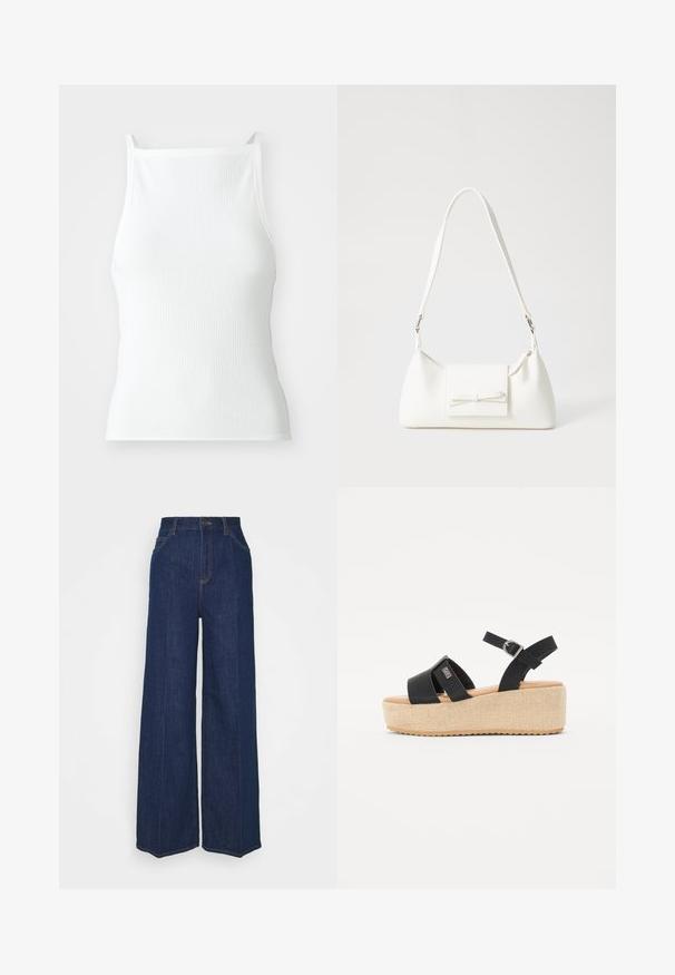White ribbed tank top with thin straps, featuring a fitted design and smooth texture. The fabric appears elastic and lightly structured.; High-waist wide-leg dark blue denim jeans with front and back pockets, button closure, and visible stitching details.; Black platform sandals with two wide straps, adjustable ankle strap, and woven-textured jute-like midsole. Textured rubber outsole.; White synthetic handbag with a triangular shape, flat front flap and bow detail, adjustable strap, smooth texture, and minimalistic design.