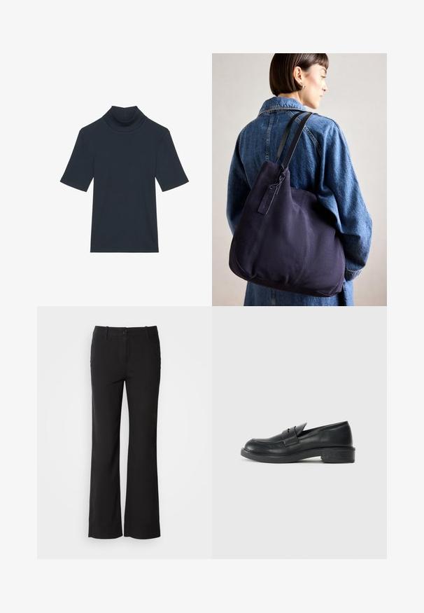 Tmavě námořnická modrá krátká elastická roláková halenka z žebrované látky. Má přiléhavý střih a hladkou strukturu.; Černé kalhoty z bavlněné směsi se střihem rovného nohavice, se zapínáním na knoflík vpředu a dvěma bočními kapsami. Hladká textura, žádné viditelné vzory.; Černé kožené mokasíny s kulatou špičkou, prošitými detaily a malým podpatkem. Hladký povrch a flexibilní gumová podrážka.; Námornícká plátenná taška přes rameno s měkkým, strukturovaným tvarem, vybavená černým popruhem, prošívanými detaily a malou značkovou visačkou.