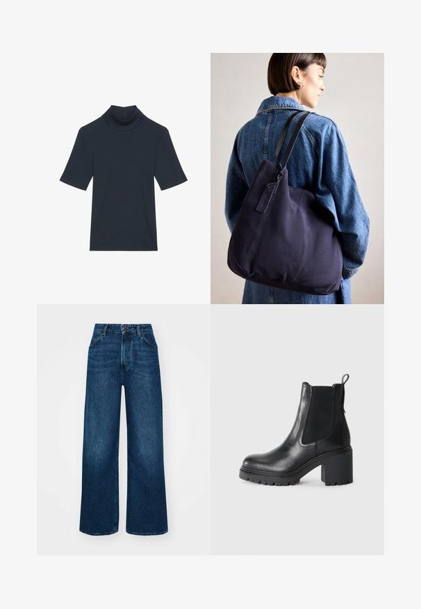 Mørk marineblå kortermet toftekjorte laget av ribbet stoff. Har en tettsittende silhuett og glatt tekstur.; Høyt liv, vide jeans i mørk blå denim med en jevn tekstur, kontrastsøm og fem-lommers design. Frontlukkning med knapp.; Svart lær ankelstøvel med en kraftig hæl, elastiske sidepaneler og en løftestrop bak. Teksturert såle for bedre grep.; Marine lerrets skulderveske med en myk, strukturert form, som har en svart stropp, sydd detaljer og en liten merkeflagg.