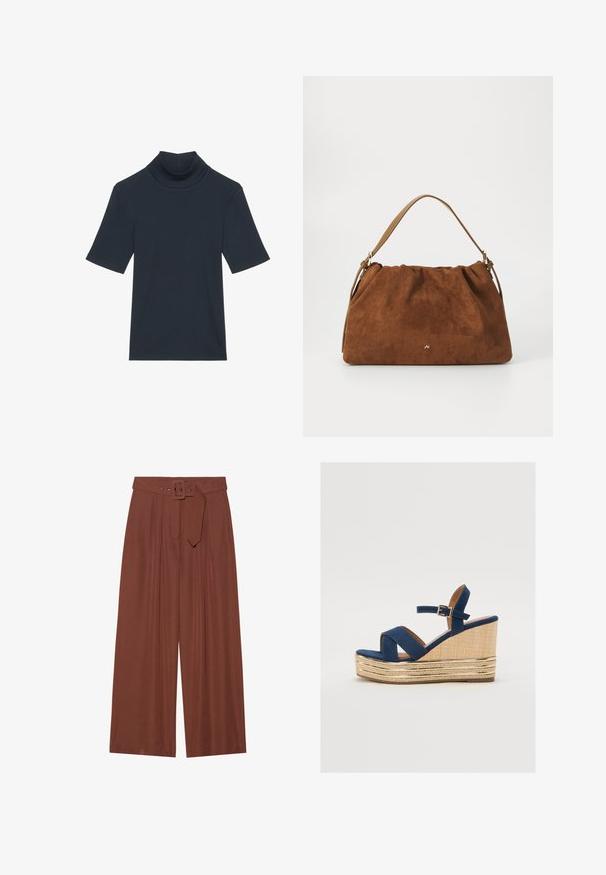 Ciemnoniebieski, krótki rękaw turtleneck wykonany z prążkowanej tkaniny. Posiada dopasowaną sylwetkę i gładką fakturę.; Spodnie o szerokich nogawkach w brązowym materiale, z paskiem z kwadratową klamrą, plisowanym wzorem i gładką teksturą.; Granatowe sandały na koturnie z krzyżującymi się paskami, teksturowaną platformą z naturalnego włókna oraz złotym metalicznym akcentem na podstawie.; Brązowa torebka z zamszu o marszczonym wzorze, z pojedynczym paskiem w kolorze tan i subtelnym złotym logo z przodu.