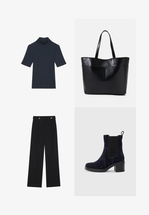 Ciemnoniebieski, krótki rękaw turtleneck wykonany z prążkowanej tkaniny. Posiada dopasowaną sylwetkę i gładką fakturę.; Czarne szerokie spodnie z wysokim stanem, z detalami w postaci guzików na pasku oraz plisami z przodu.; Granatowo-niebieski zamszowy botek za kostkę z elastycznym bocznym panelem, zaokrąglonym noskiem i słupkowym obcasem. Teksturalna tkanina i gładka podeszwa dodają kontrastu.; Czarna skórzana torba na ramię z dwoma długimi uchwytami, gładką teksturą i sztywną formą. Posiada przednią kieszeń dla dodatkowego przechowywania.