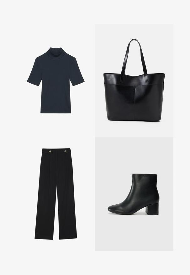Dark navy blue short-sleeve turtleneck top made from ribbed fabric. Features a fitted silhouette and smooth texture.; Black wide-leg trousers with high waist, button details on waistband, and front pleats.; Black leather ankle boots with a pointed toe and a chunky heel. Smooth texture with minimal accents and a sleek, fitted design.; Black leather tote bag with two long handles, a smooth texture, and a structured shape. Features a front pocket for additional storage.